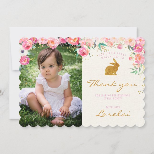 Carte de remerciements floral de rose de lapin (Devant)