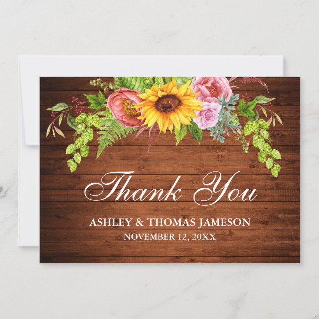 Carte De Remerciements Floral de tournesol Mariage rustique (Devant)