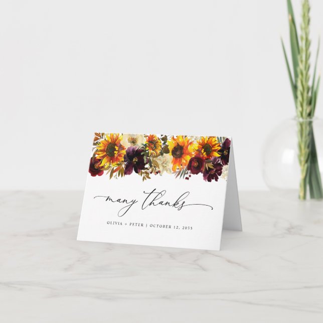 Carte De Remerciements Floral de tournesol rustique Automne Mariage Bourg (Devant)
