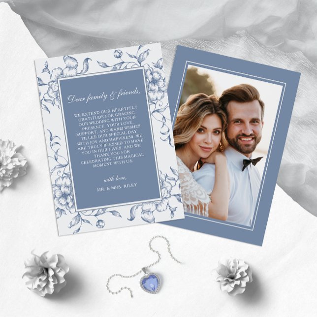 Carte De Remerciements Floral Dusty Bleu Élégant Mariage Photo (Créateur téléchargé)
