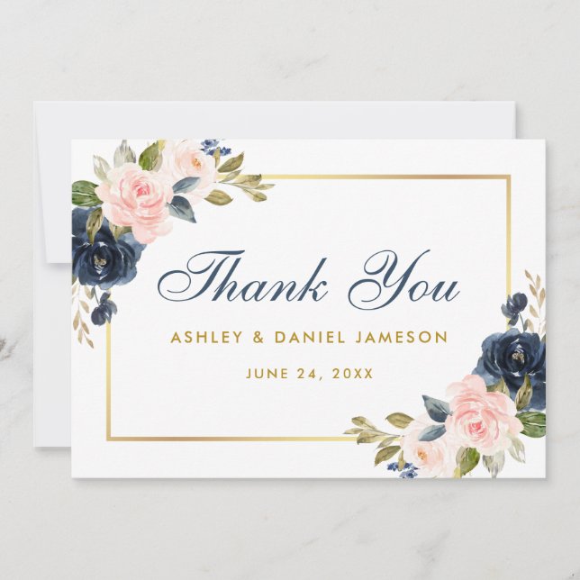 Carte De Remerciements Floral Dusty bleu rose bleu Mariage or (Devant)