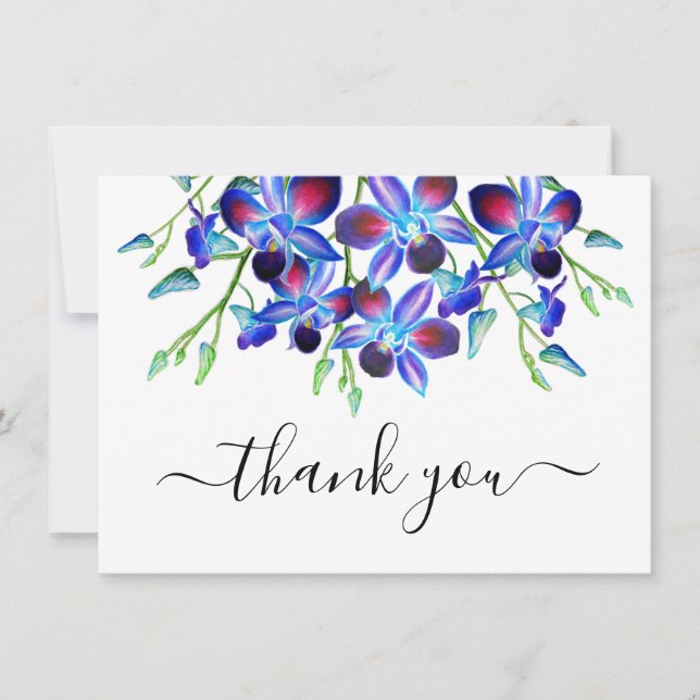Carte De Remerciements Floral Elegant Aquarelle Bleu Orchidées Script (Devant)