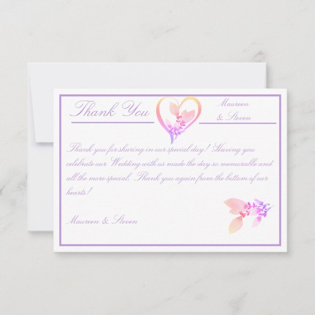 Carte De Remerciements Floral Elegant blanc, rose et Mariage mauve (Devant)