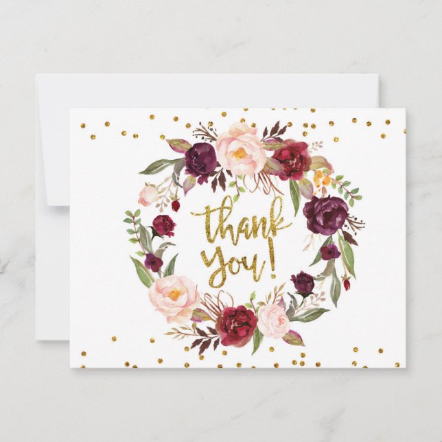 Carte de remerciements Floral Gold et Red Marsala (Devant)