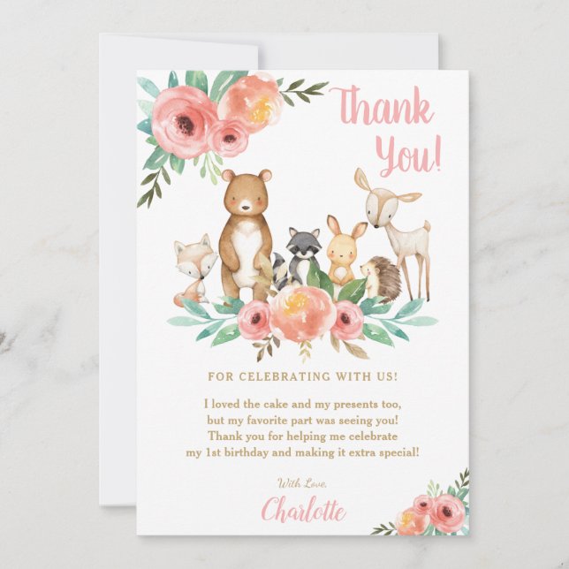 Carte De Remerciements Floral mignonne Bois Animaux Fille Fête d'annivers (Devant)