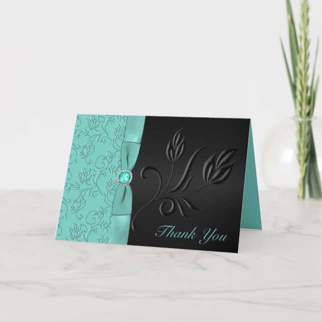 Carte de remerciements Floral Noir et Aqua (Devant)