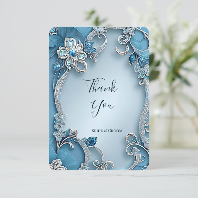 Carte de remerciements Floral Orné Bleu (Debout devant)