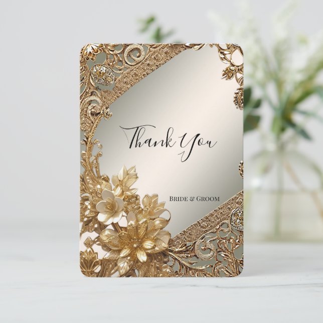 Carte de remerciements floral orné d'or moderne (Debout devant)