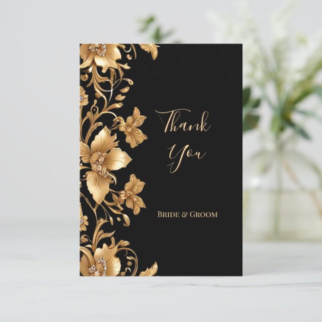 Carte de remerciements Floral Orné Noir Or (Debout devant)