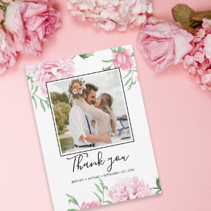 Carte De Remerciements Floral Pink Peony Botanical Photo Élégante