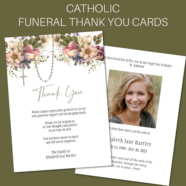 Carte De Remerciements Floral Rosary Photo Funérailles Condolence Sympath (Easy to Personalize Catholic Funeral Thank You Cards)