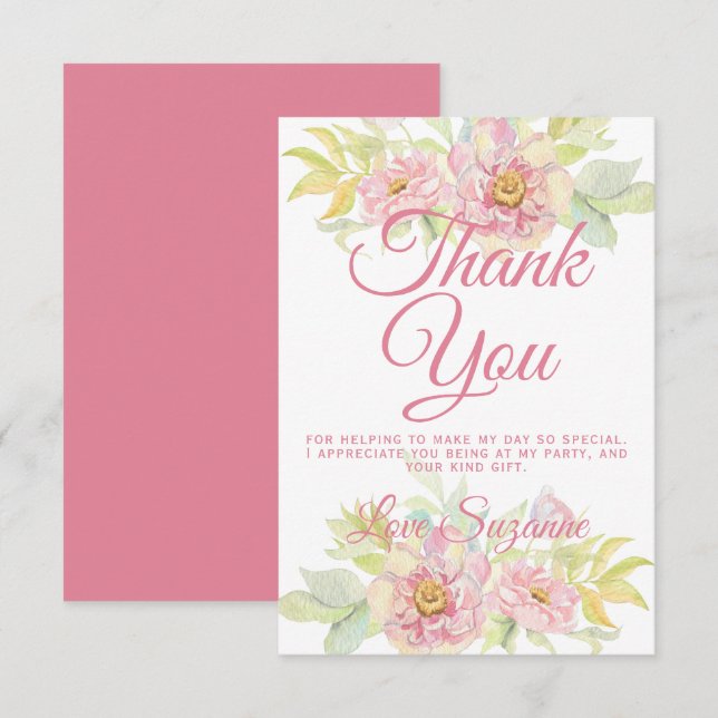 Carte De Remerciements Floral rose (Devant / Derrière)