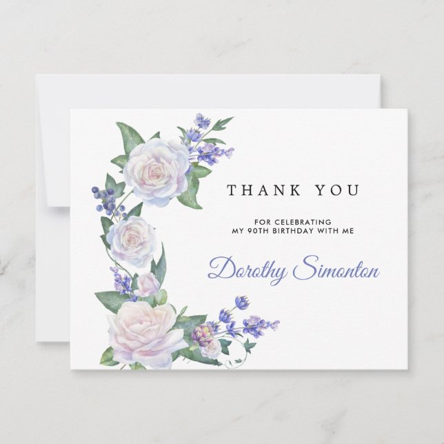Carte De Remerciements Floral Rose Blanc Bleu 90e anniversaire (Devant)