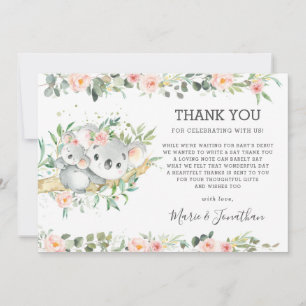 Carte De Remerciements Floral rose Cute Koala Baby shower Girl