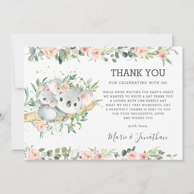 Carte De Remerciements Floral rose Cute Koala Baby shower Girl (Devant)