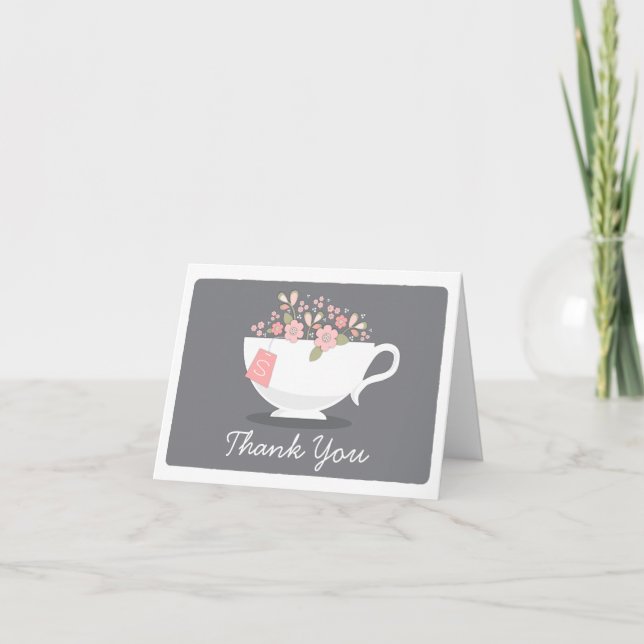 Carte de remerciements floral rose de tasse de thé (Devant)