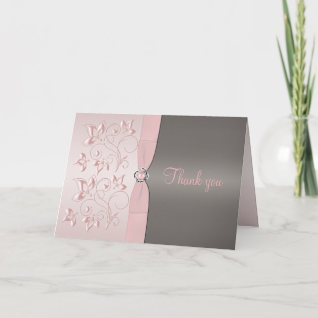 Carte de remerciements floral rose et gris (Devant)