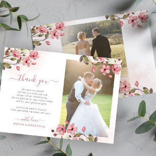 Carte De Remerciements Floral rose vif 2 photos élégant script mariage