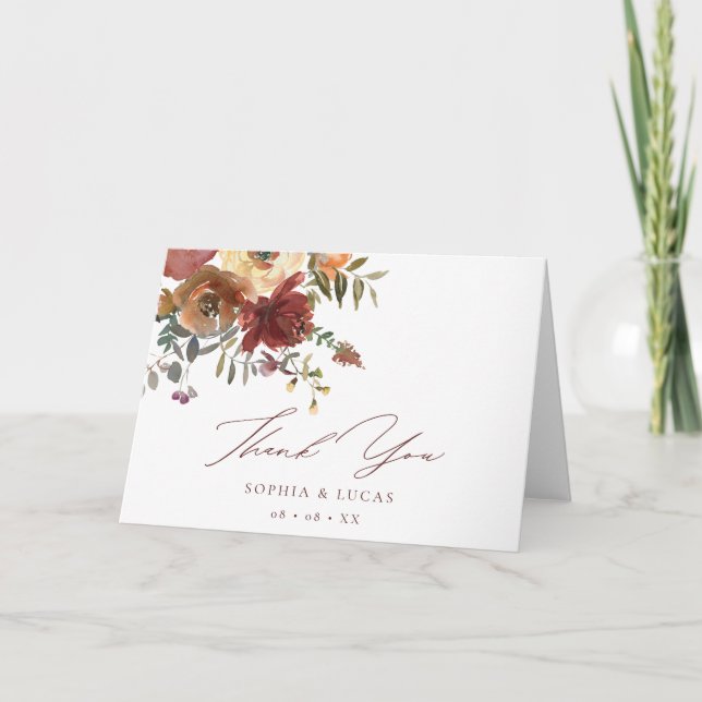Carte De Remerciements Floral rouille Bourgogne Mariage de automne (Devant)