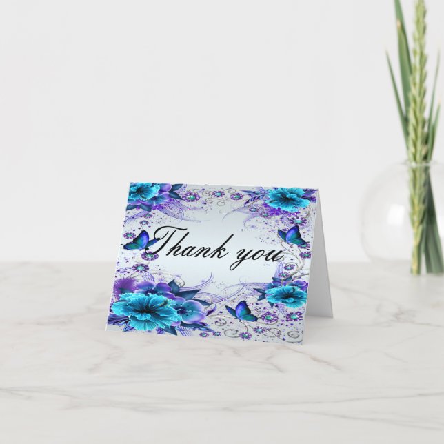 Carte de remerciements Florale Bleue Et Papillon (Devant)