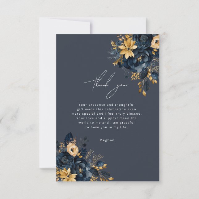 Carte de remerciements florale de luxe bleu et or (Devant)