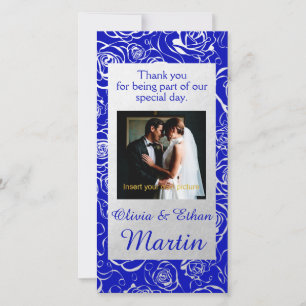 Carte De Remerciements Florale d'huile d'argent avec Roses et Royal Blue