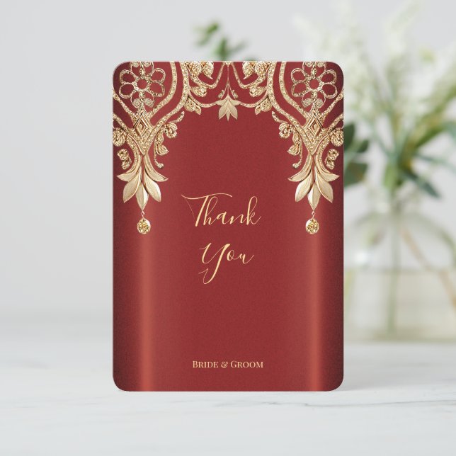 Carte de remerciements Florale rouge or moderne (Debout devant)