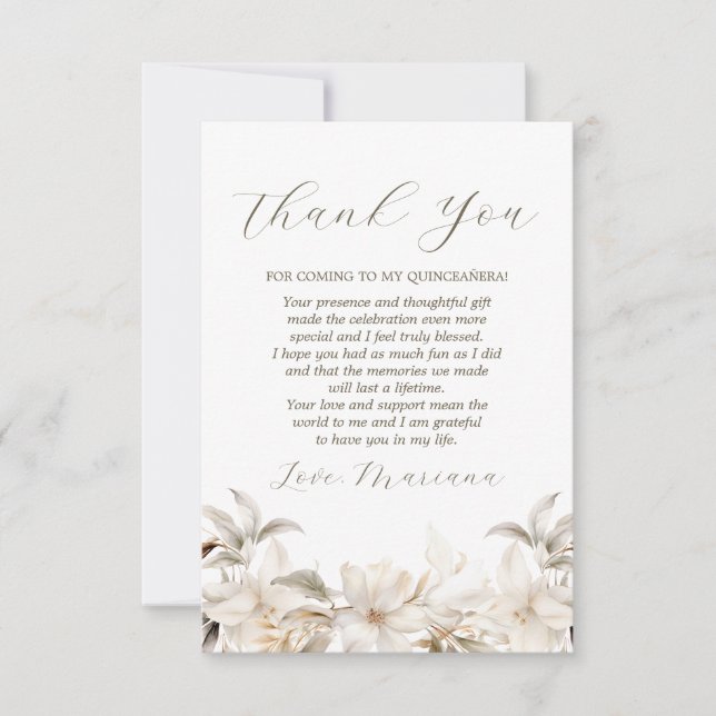 Carte De Remerciements Florales d'hiver en argent blanc Quinceañera (Devant)