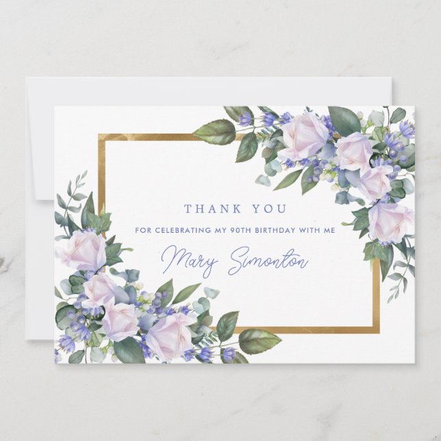 Carte De Remerciements Flore bleu blanc 90e anniversaire Photo Plat (Devant)