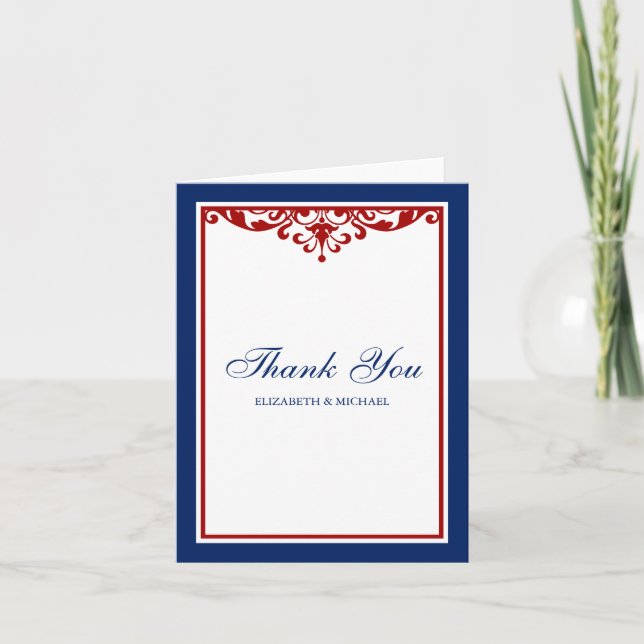 Carte De Remerciements Flore bleu et rouge de la marine (Devant)