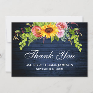 Carte De Remerciements Flore de tournesol en bois bleu Mariage rustique