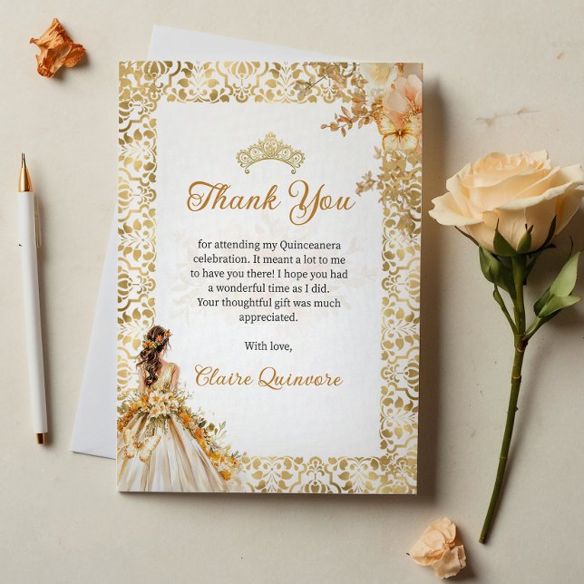Carte De Remerciements Flore radieuse Or floral photo Quinceanera (Créateur téléchargé)