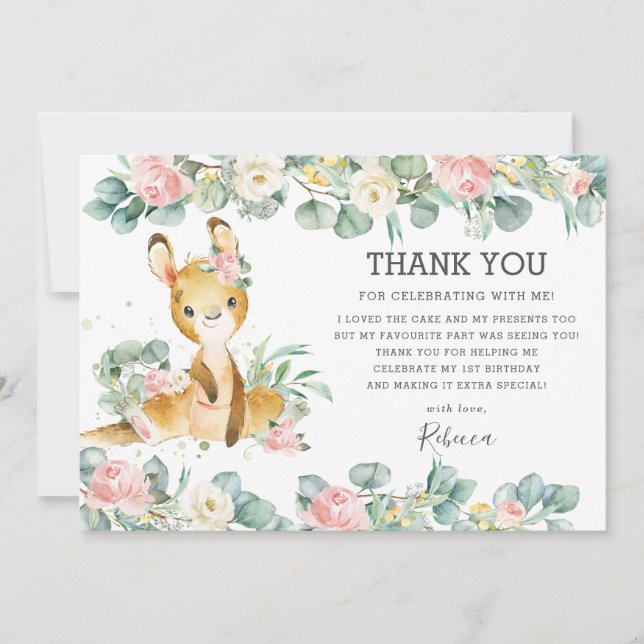 Carte De Remerciements Flore rose verte Cute Kangaroo Birthday Girl  (Devant)