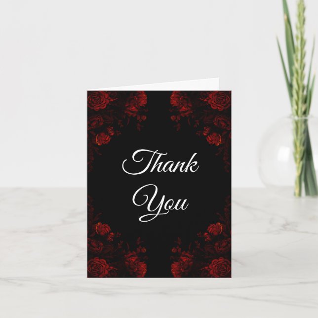 Carte De Remerciements Flore rouge profond Élégant Mariage gothique (Devant)