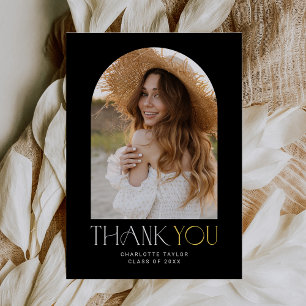 Carte De Remerciements Flûte moderne Black Gold Photo Arch Graduation