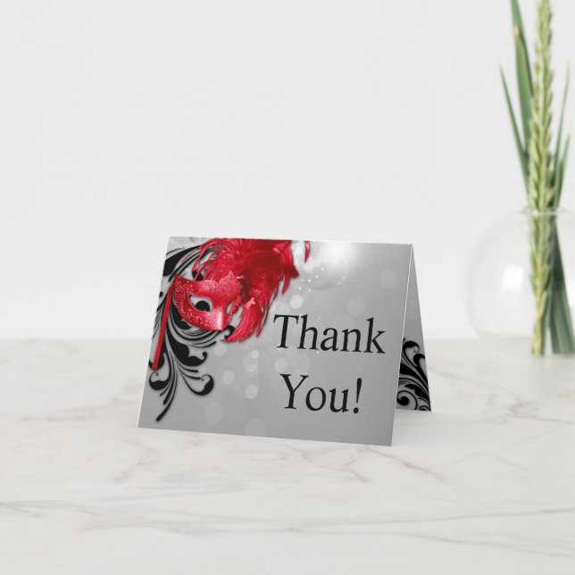 Carte De Remerciements Folded Thank You Card Red on Silver Masquerade (Devant)