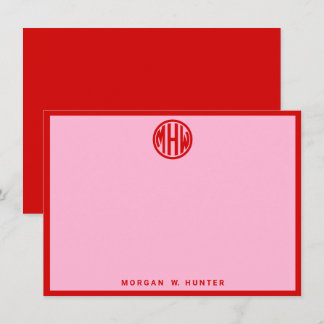 Carte De Remerciements Fond rose à monogramme en cercle rouge pour coton