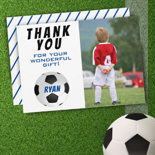 Carte De Remerciements Football balle Bleu Enfants Photo Anniversaire