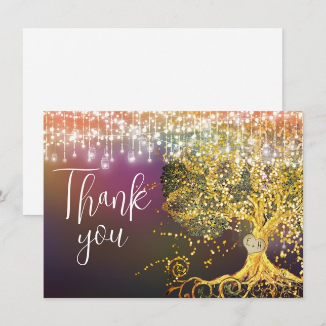 Carte De Remerciements Forest Fairtale Purple Gold Mariage (Devant / Derrière)