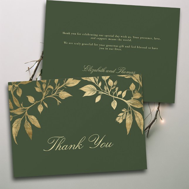 Carte De Remerciements Forest Foliage Botanical Elegant Script Wedding (Forest Foliage Botanical Photo Wedding thank you card Enchanted Magical Fairy Tale Moody Gold)