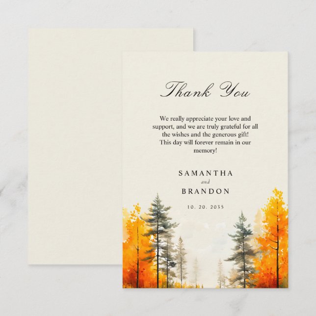 Carte De Remerciements Forêt en automne couleurs mariage (Devant / Derrière)