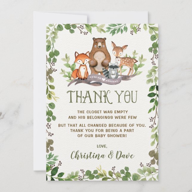 Carte De Remerciements Forêt forestière Animaux Baby shower Végétation (Devant)