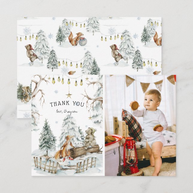 Carte De Remerciements Forêt forestière Animaux d'hiver Anniversaire Merc (Devant / Derrière)