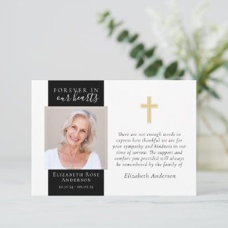 Carte De Remerciements Forever in Our Hearts Gold Cross Photo Sympathy