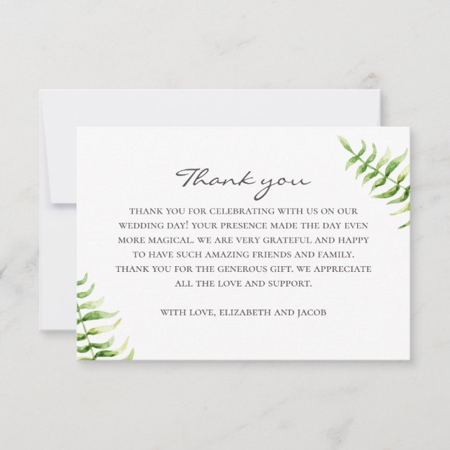 Carte De Remerciements fougère vert aquarelle. Mariage botanique vert (Devant)