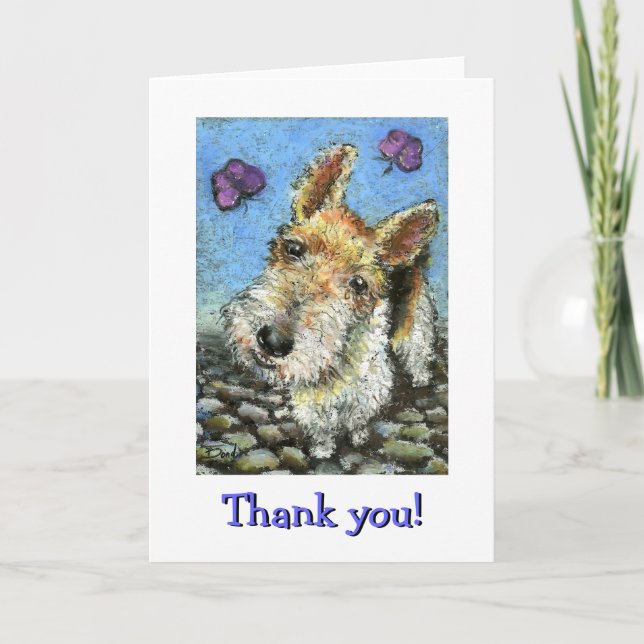 Carte De Remerciements Foxterrier et papillons (Devant)