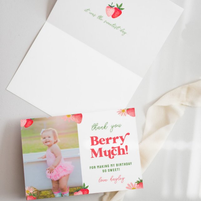 Carte De Remerciements Fraise et Daisy Pastel Photo Girls Anniversaire (Créateur téléchargé)
