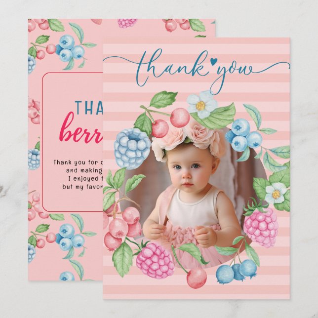 Carte De Remerciements Fraise Fille Anniversaire Berry Beaucoup de photo  (Devant / Derrière)