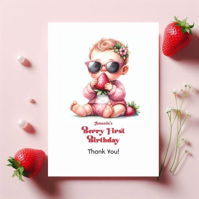 Carte De Remerciements Fraise Fille Berry Premier anniversaire (Strawberry Girl Berry First Birthday Thank You Card)