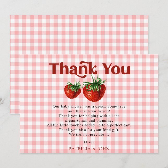Carte De Remerciements Fraise rose Rouge Berry Baby shower sucré (Devant / Derrière)